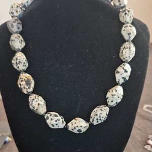 Dalmatian Jasper Natural Stone Necklace - Cream with Black Speckle